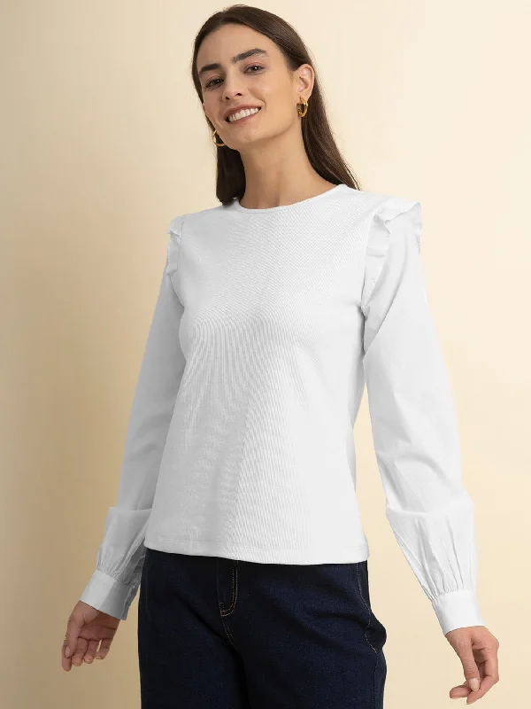 Casual Fashion Cotton Ruffle Detail Top - White