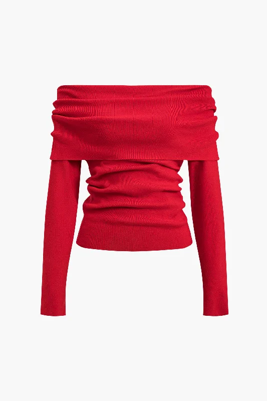 Friday Deals You Can't Resist Knitted Ruched Off Shoulder Long-Sleeve Top