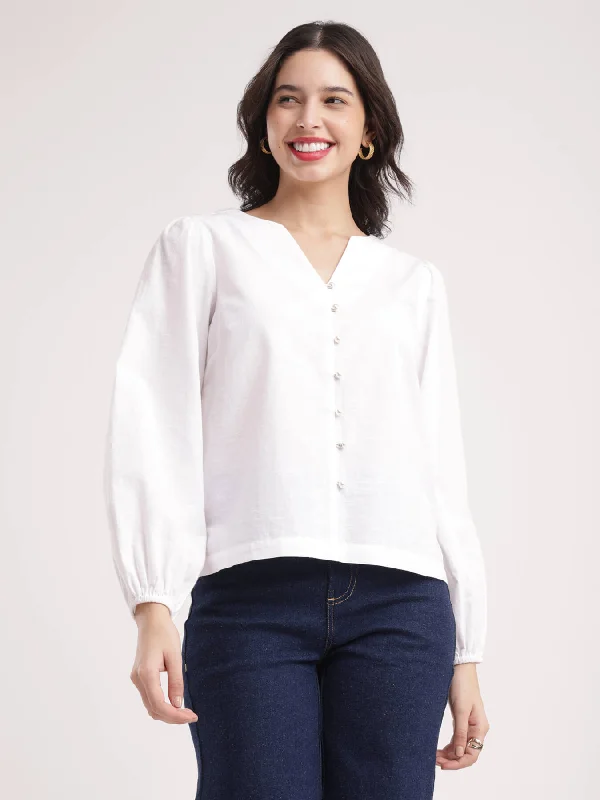 Spring Offer Cotton Linen V Neck Top - White