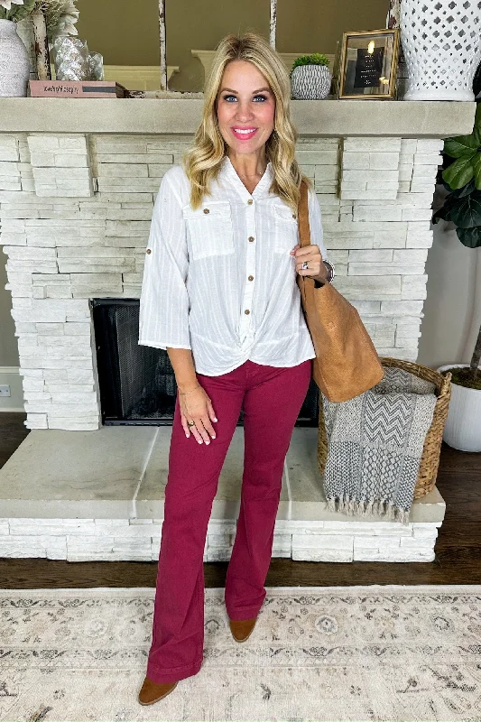Casual Chic Deals Textured Button Down Knot Hem Collared Top