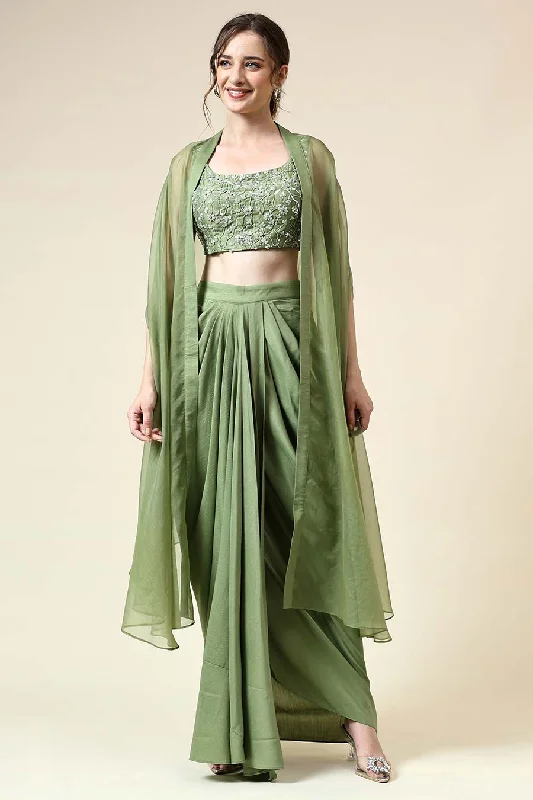 Where Style Meets Savings Green Embellished Top & Skirt Set With Cape