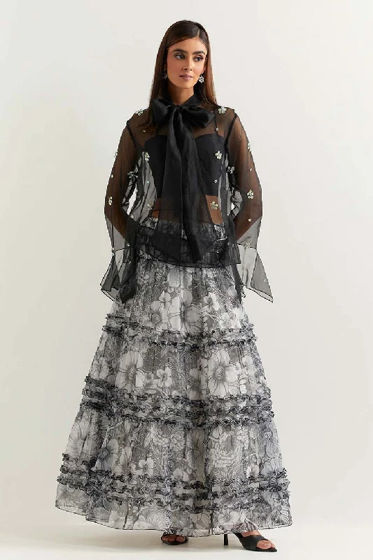 The Good Stuff Black Embellished Organza Top With Printed Skirt