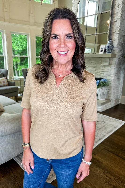 Top Brand Discounts Lightweight Textured Collared Staple Top in Taupe