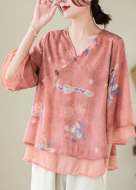 Weekend Price Drop – Shop Before It'S Gone Red Print Patchwork Chiffon Shirt Top V Neck Butterfly Sleeve Weekend Price Drop – Shop Before It'S Gone Red Print Patchwork Chiffon Shirt Top V Neck Butterfly Sleeve