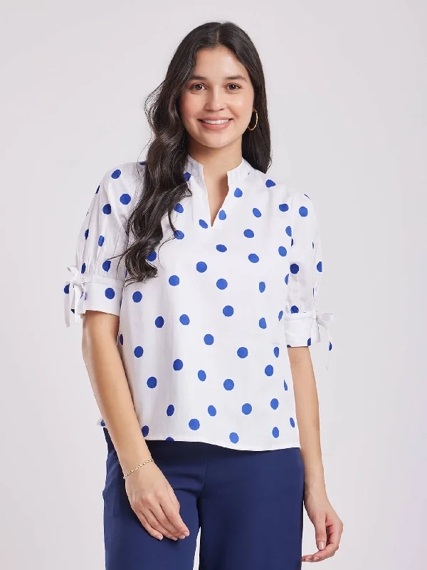 Summer Deals Cotton Polka Dot Top - White And Blue