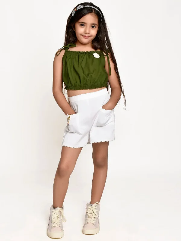 Insane Discount Onslaught Green Flower embellished Top with  White Shorts
