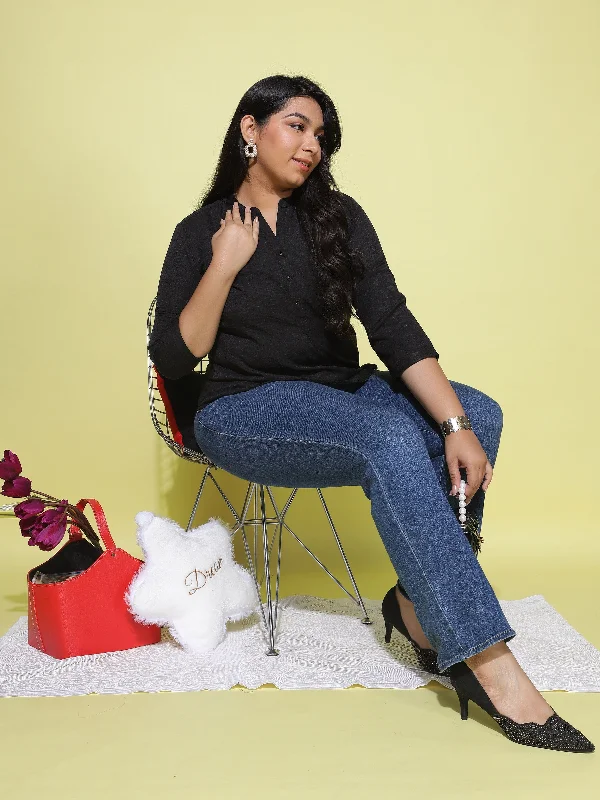 Classic Elegance Sales Cotton Blend Top Mandarin Neck Black