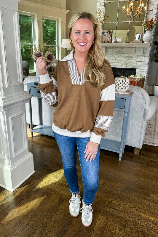 Casual Chic Mocha Stripe Notch Neck Collared Varsity Style Top