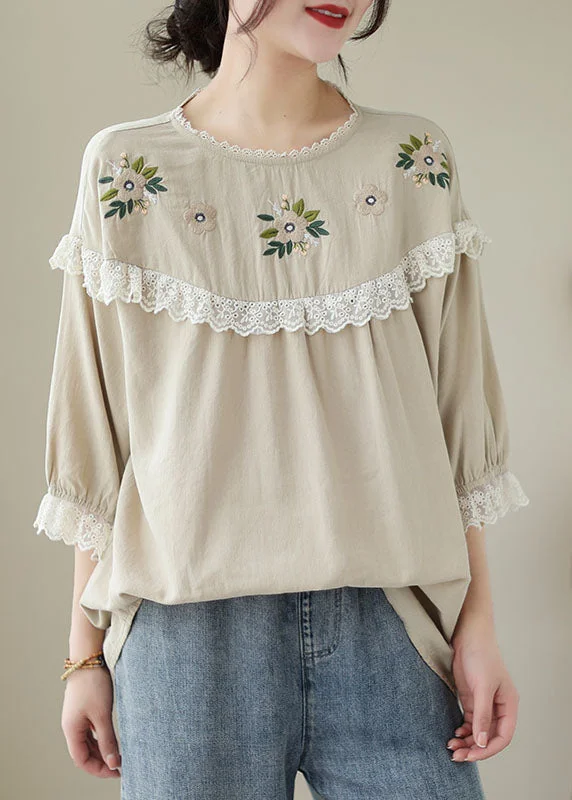 Easy Elegance Sales Italian Beige Embroideried Lace Patchwork Cotton T Shirt Tops Summer Easy Elegance Sales Italian Beige Embroideried Lace Patchwork Cotton T Shirt Tops Summer