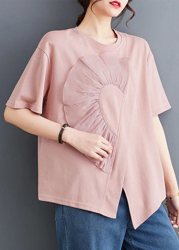 Seasonal Trends Chic Pink O Neck Wrinkled Patchwork Cotton T Shirt Top Summer