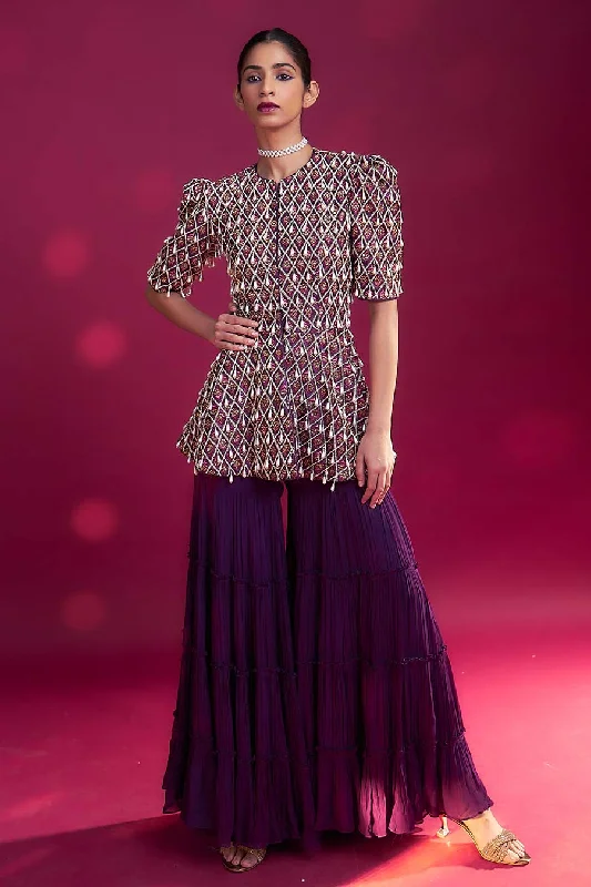 The Good Stuff Purple Ajrakh Embroidered Peplum Top & Sharara Set