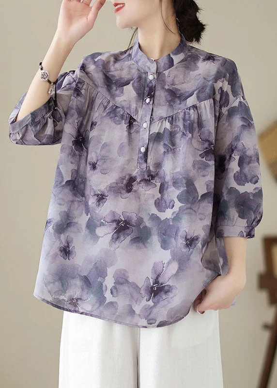 Romantic Chic Deals Vintage Purple Stand Collar Print Patchwork Cotton Shirt Tops Summer Romantic Chic Deals Vintage Purple Stand Collar Print Patchwork Cotton Shirt Tops Summer