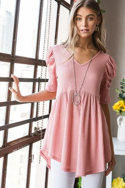 Fall Sale, Prices Drop Heimish Full Size Waffle Knit V-Neck Babydoll Top
