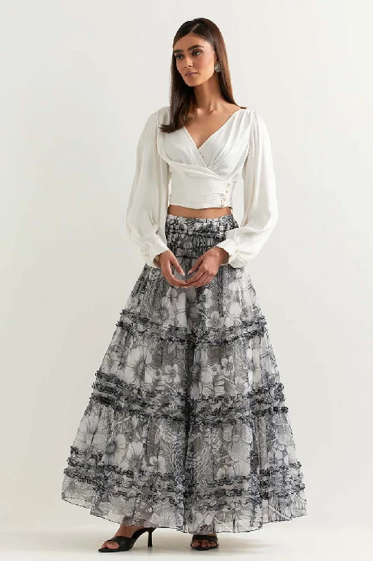 Spring Offer Ivory Crop Top & Printed Organza Skirt Set