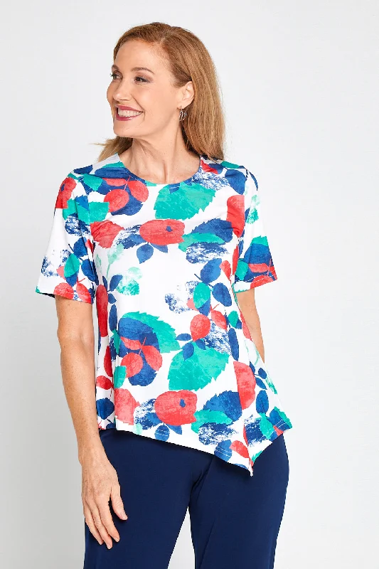 Luxe Fashion, Less Cost Shyla Top - Teal/Coral Leaves