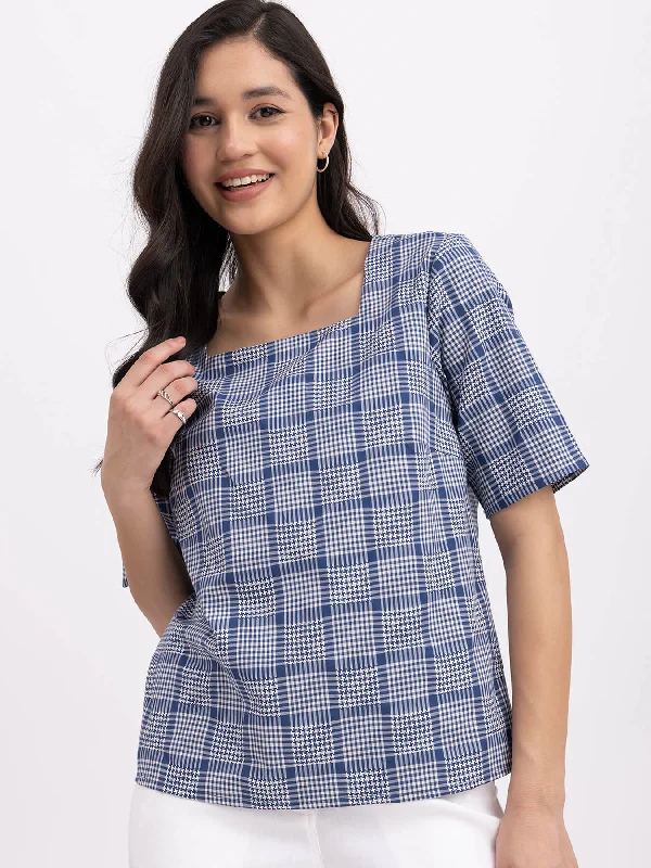 Playful Fashion Offers Cotton Square Neck Top - Navy Blue And Off White