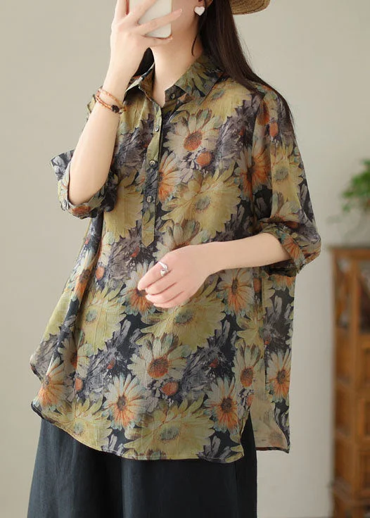 Fashion Sale Yellow Print Patchwork Cotton Top Peter Pan Collar Button Summer