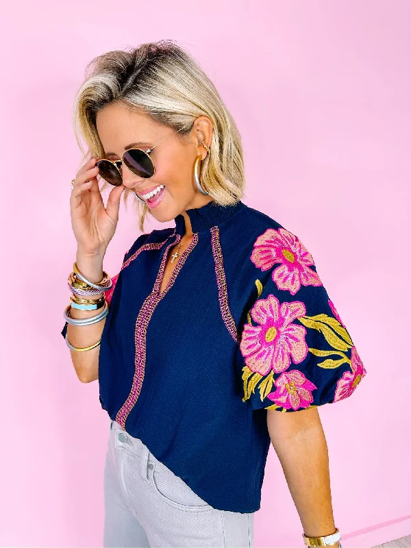 Special Offers You Can't Miss PANSY BLOOMS EMBROIDERED PUFF SLEEVE TOP - NAVY