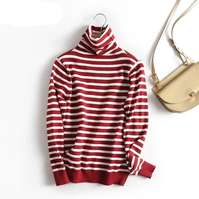 Edgy Fashion Deals Horizontal Striped Pullovers Sweaters Turtleneck Sweater Tops