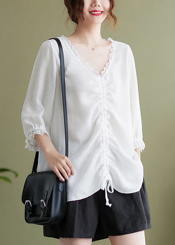 Hot Sale White Patchwork Cotton Shirt Tops Oversized Cinched Half Sleeve