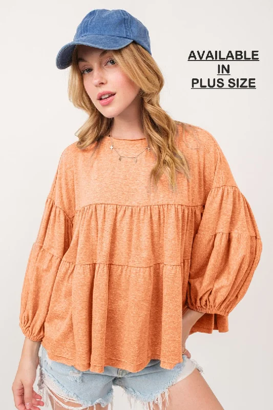 Cozy Comfort Style Sale ORANGE TIERED BALLOON SLEEVES RAW EDGE PLUS SIZE TOP PTU13571SA Cozy Comfort Style Sale ORANGE TIERED BALLOON SLEEVES RAW EDGE PLUS SIZE TOP PTU13571SA