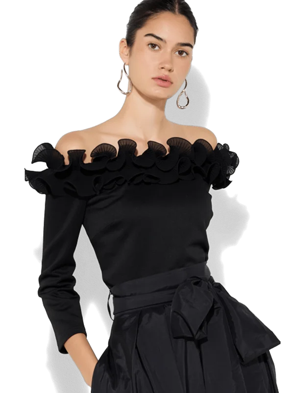 New Arrivals Elise Black Frill Trim Top