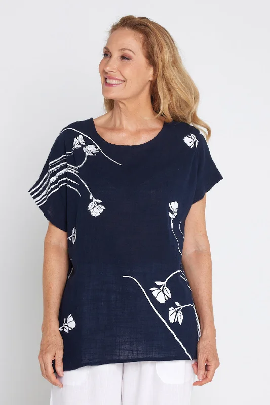 Chic Style, Always In Vogue Valerie Diamanté Top - Navy