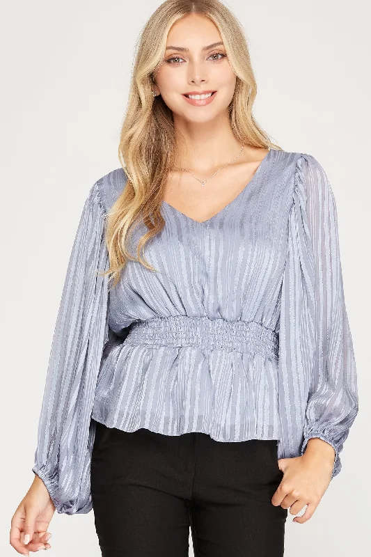 Fashion-Forward MISTY BLUE STRIPED JACQUARD SMOCKED WOVEN TOP S5SS7908
