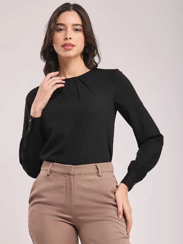 Minimalist Fashion Sale Front Pleat Top - Black
