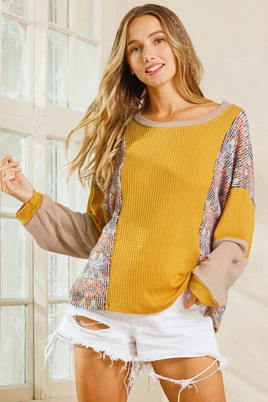Grab The Hottest Deals Before They Disappear MUSTARD WAFFLE KNIT COLOR BLOCK CREW NECK TOP CFTC12469PA Grab The Hottest Deals Before They Disappear MUSTARD WAFFLE KNIT COLOR BLOCK CREW NECK TOP CFTC12469PA