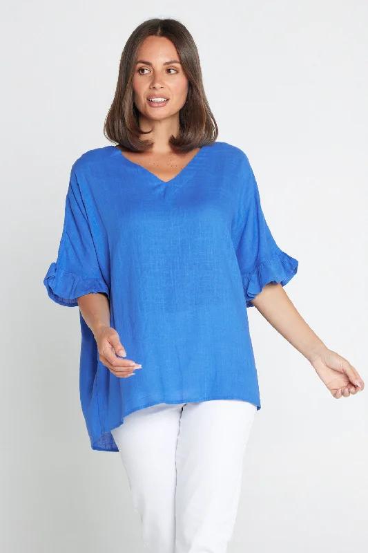 Exclusive Fashion Deals Farrah Linen V Neck Top - Blue