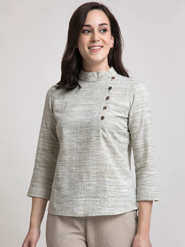 The Perfect Time To Shop And Save Cotton Mandarin Collar Button Detail Top - Sap Green