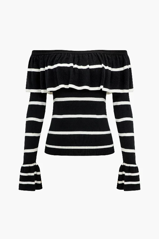 Timeless Elegance Redefined Stripe Ruffle Off Shoulder Bell Sleeve Top