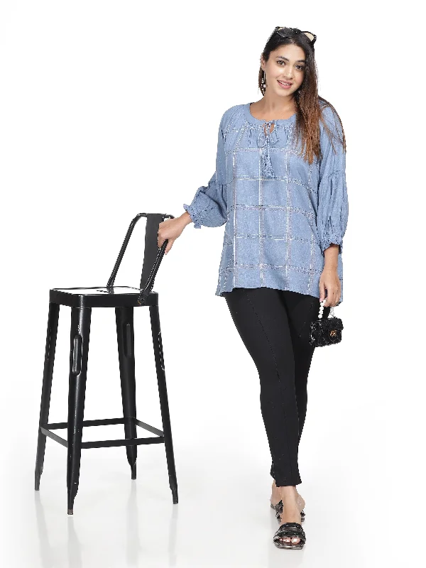 Statement Fashion Offers Rayon Top Adjustable Lace Neck Blue