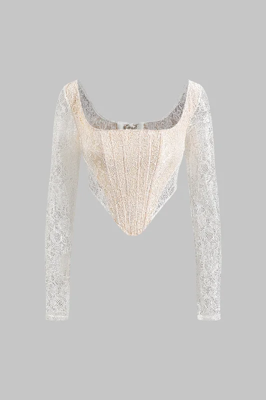 Big Savings Lace Tie Back Square Neck Sheer Corset Long-Sleeve Top