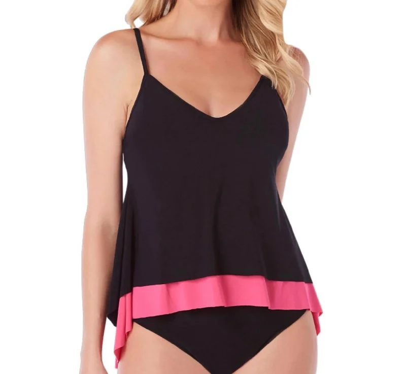 Women's Cozy Winter Attire Underwire Jolene Layered Tankini Top In Black And Watermelon Women's Cozy Winter Attire Underwire Jolene Layered Tankini Top In Black And Watermelon