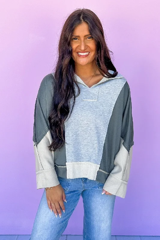 Hot Deals Oversized Heather Grey Color Block Exposed Seam Top