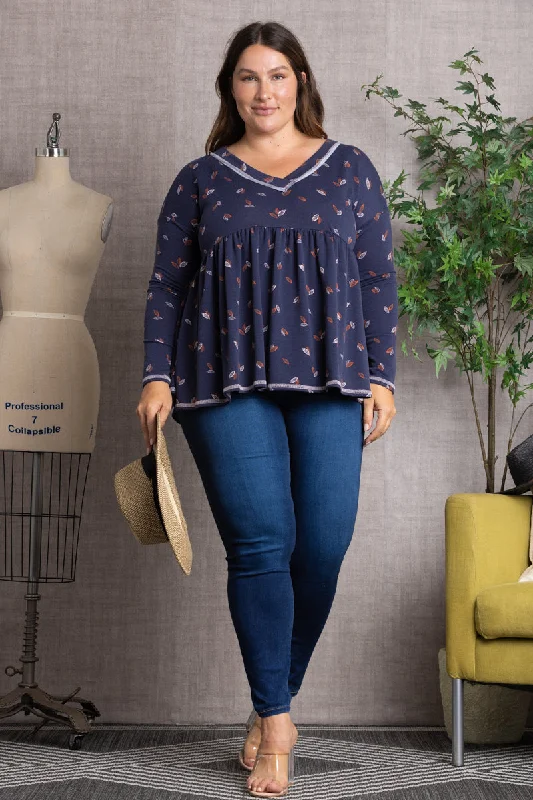 Evening Elegance NAVY FALL LEAVES PRINT BABY-DOLL STYLE PLUS SIZE TOP-PTJ10117PB