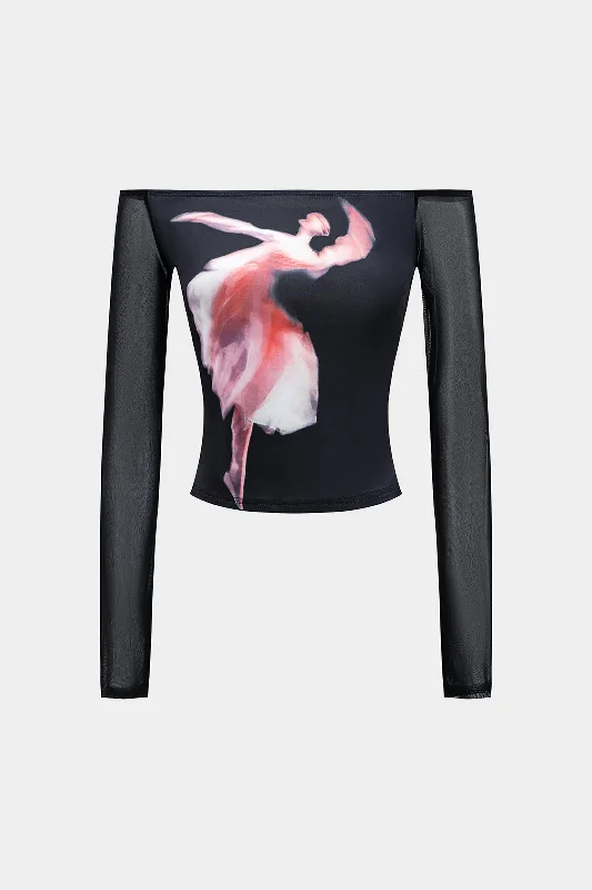 The Perfect Time To Shop And Save Body Print Off Shoulder Long-Sleeve Top