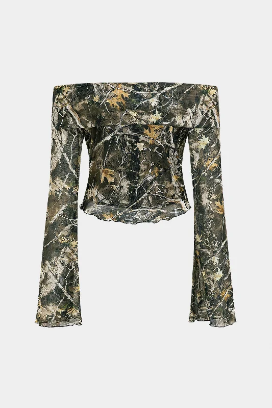 Grab The Best Deals Before They'Re Gone Branch Print Mesh Off Shoulder Long-Sleeve Top