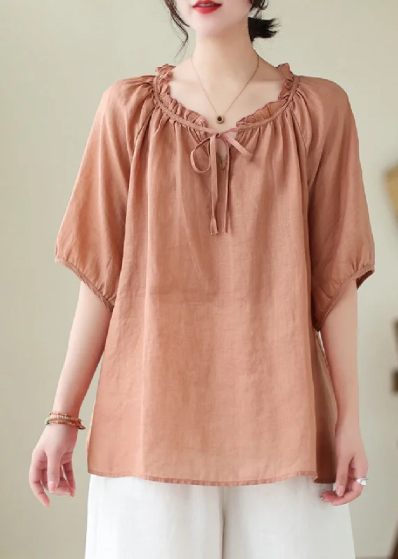 Everyday Elegance Sale Pink Orange Linen Shirt Top Ruffled Lace Up Summer