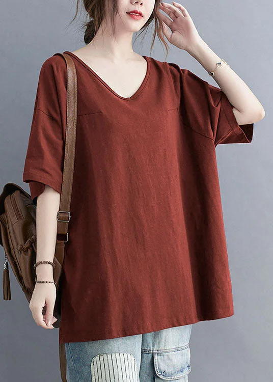 Crazy Discounts, Hurry Up Rust Patchwork Cotton T Shirt Tops V Neck Short Sleeve