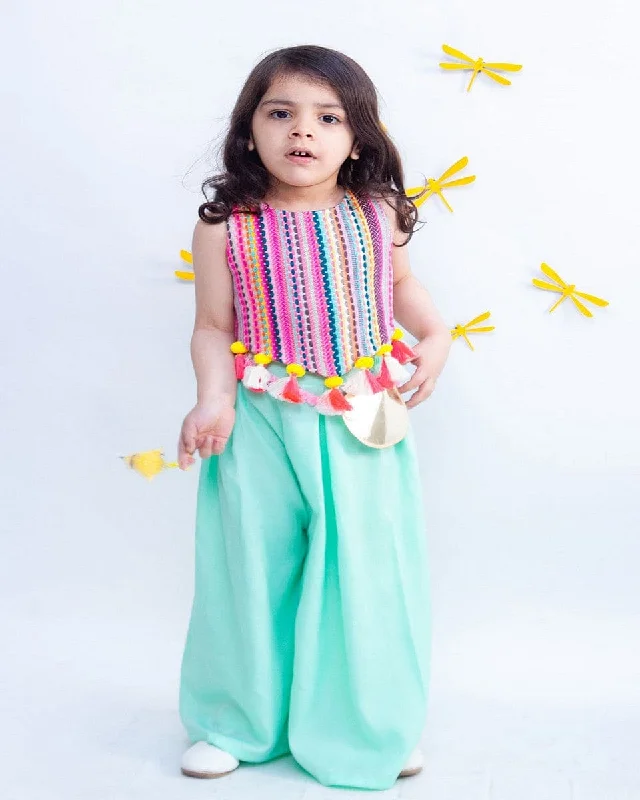 Discounted Prices, Elevated Looks Pre-Order: Multi color Knitted Top with Aqua Palazzo Pant