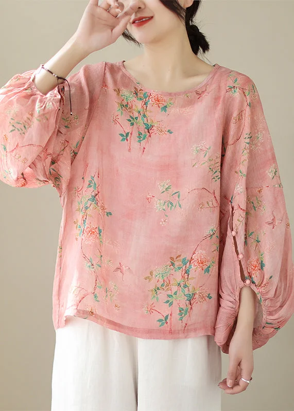 Trendy Street Style Organic Pink Oversized Print Cotton Top Lantern Sleeve