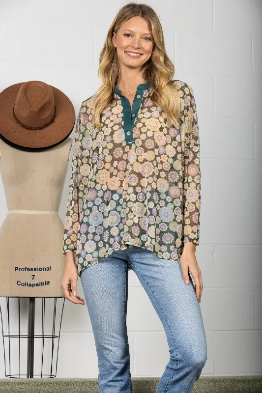 Big Savings On Trendy Styles GREEN MANDARIN COLLAR SILHOUETTE TOP- T7538