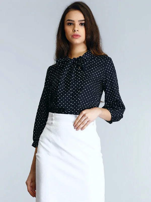 Low Price Special Bow Neck Polka Top - Black and White