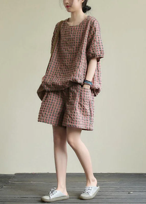 High-End Style Discounts Beautiful Pink Plaid Patchwork Tops And Shorts Cotton Two Piece Suit Summer High-End Style Discounts Beautiful Pink Plaid Patchwork Tops And Shorts Cotton Two Piece Suit Summer