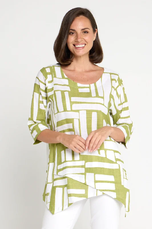 Limited Stock Esther Linen Top - Olive/White Midcentury