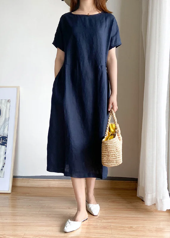 Gift Ideas Solid Navy O-Neck Cinched Linen Shirt Top Short Sleeve