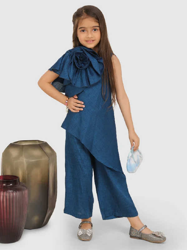 Stylish Looks Embellished with shoulder flower asymetric Top & Culotte -Royal Blue